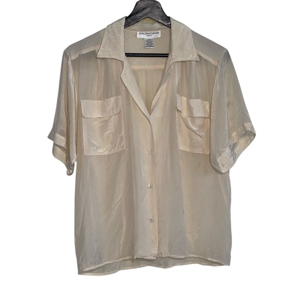 Balenciaga Vinyage Silk Short Sleeve Button Down cream top - Picture 1 of 9